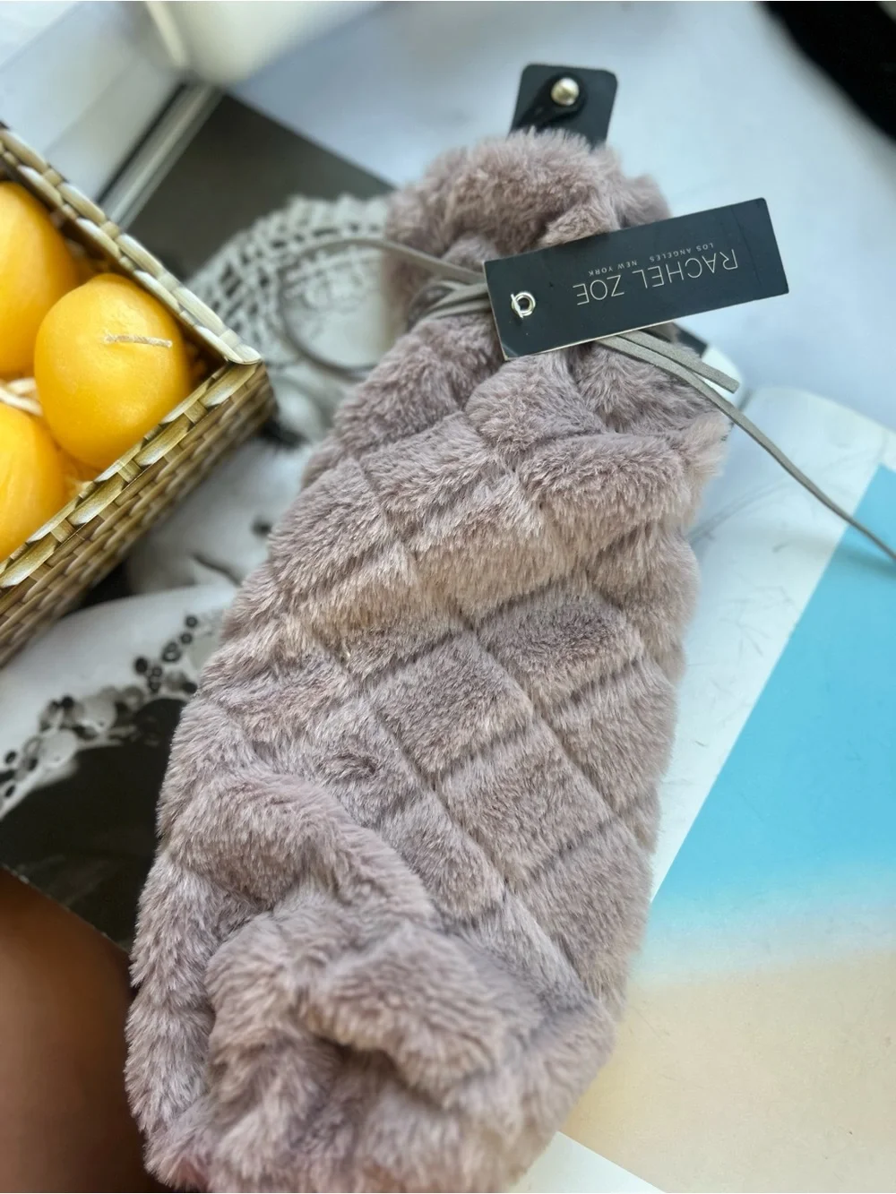 Rachel Zoe Taupe Faux Fur bottle tote holder